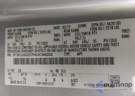 2017 Ford Escape Se z USA, uszkodzony, nr VIN 1FMCU0GD7HUC94202